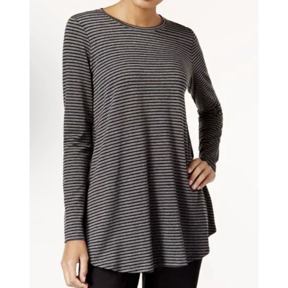 Eileen Fisher Tencel Tunic Top Size M Gray Striped Minimalist Elevated Casual - Picture 10 of 11